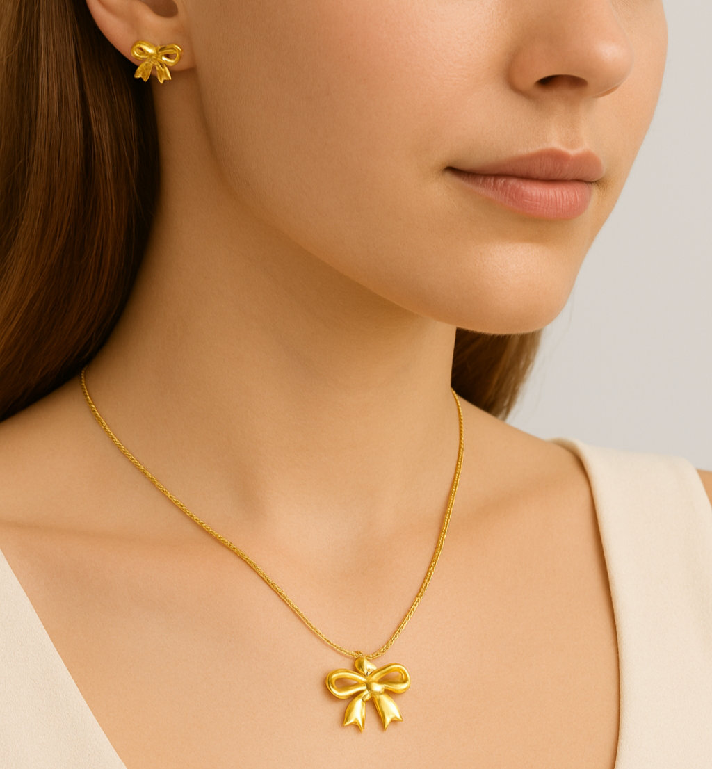 Golden Ribbon Set – 18K Gold-Plated Bow Necklace & Earrings | Zariah Gold™