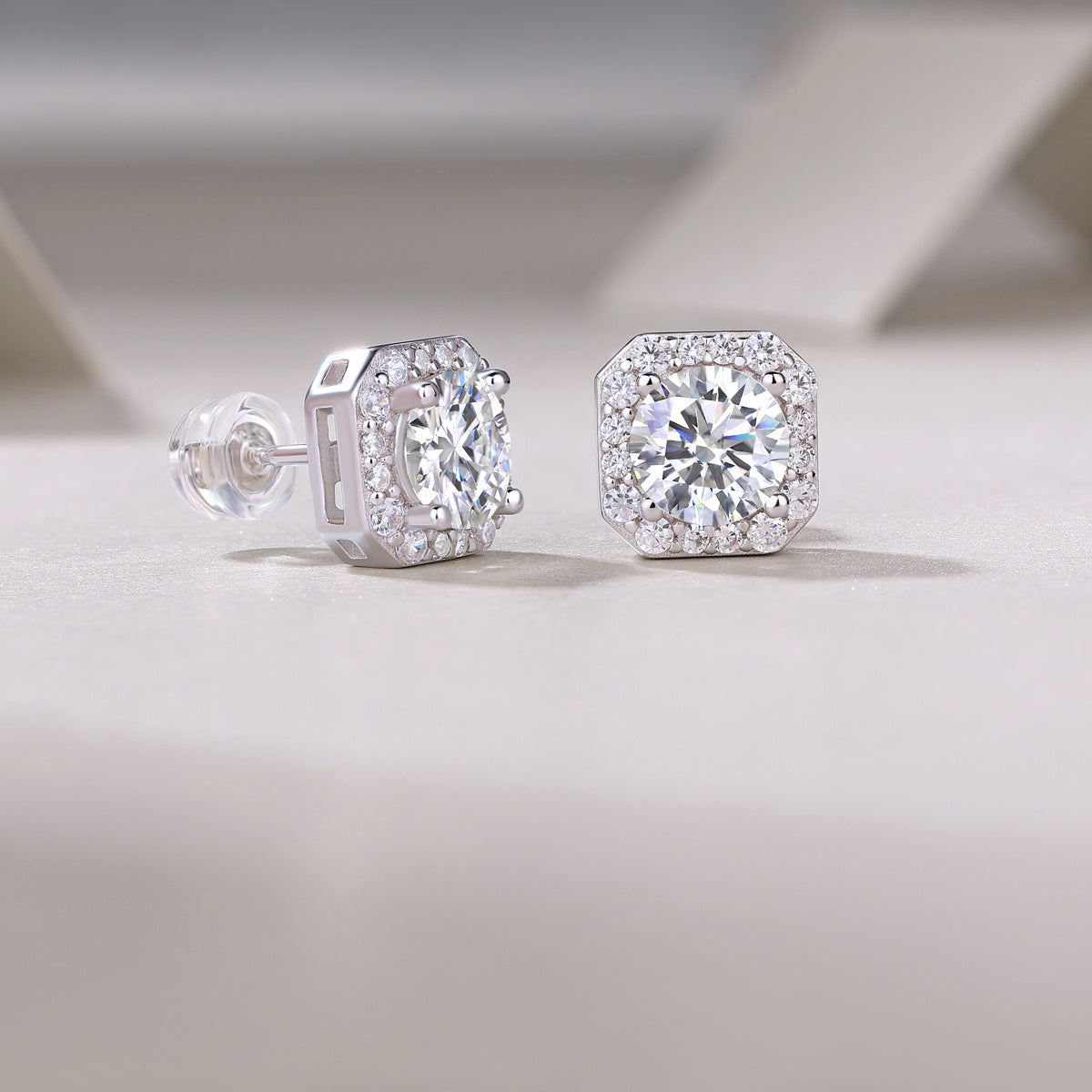 Halo Cushion Moissanite Studs – Timeless 925 Silver Glow | Zariah Gold™