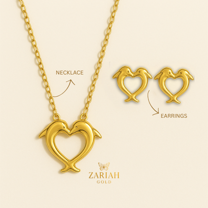 Dolphin Heart Set – 18K Gold-Plated Necklace & Stud Earrings | Zariah Love™