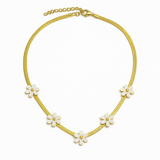 Daisy Bloom Necklace – 18K Gold-Plated Chain with White Enamel Flowers | Zariah Gold™