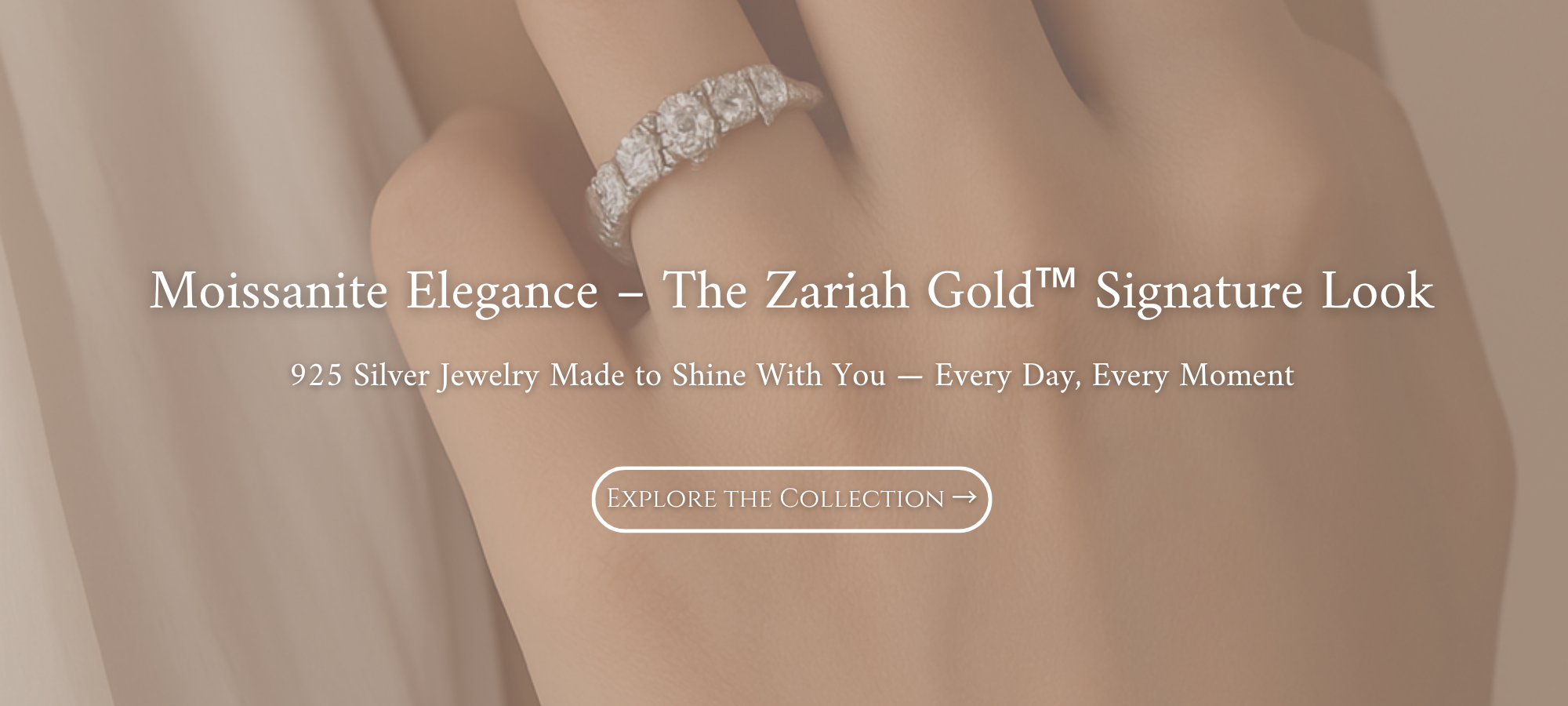 Hand wearing radiant moissanite ring on soft beige background – Zariah Gold™ fine jewelry